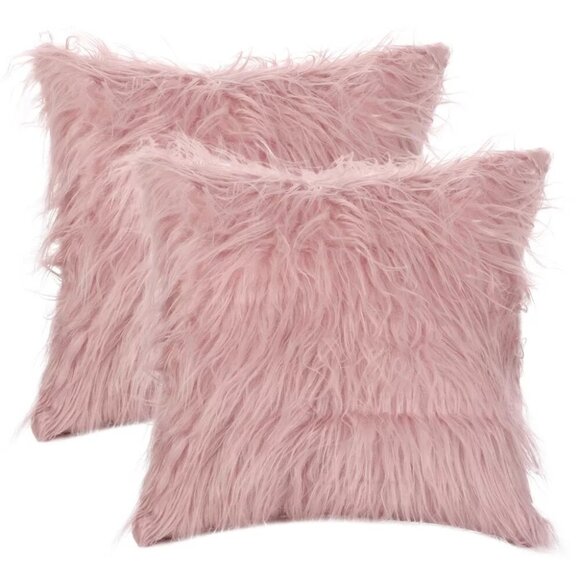Unique Bargains Super Soft Faux Fur Zippered 2 Pink Accent Pillow Cover Set - Picture 1 of 7